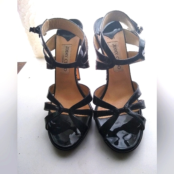 JIMMY CHOO 39 ALL LEATHER PATENT LEATHER PLATFORM SANDAL CAGED STILETTO HEELS - Picture 5 of 11